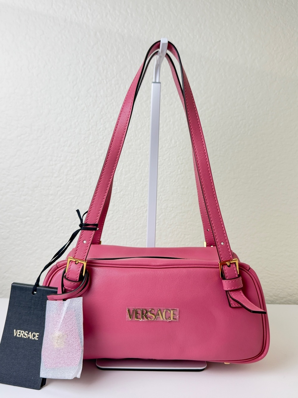 Sale ends 7/5 Versace Pink Leather Tag Double-Handle Shoulder Bag New